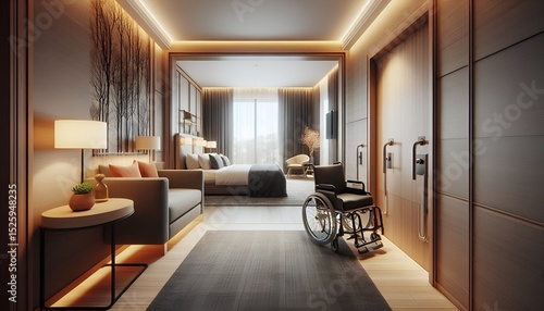 Modern hotel room with accessible features, wide doorways, grab bars, and a welcoming environment.