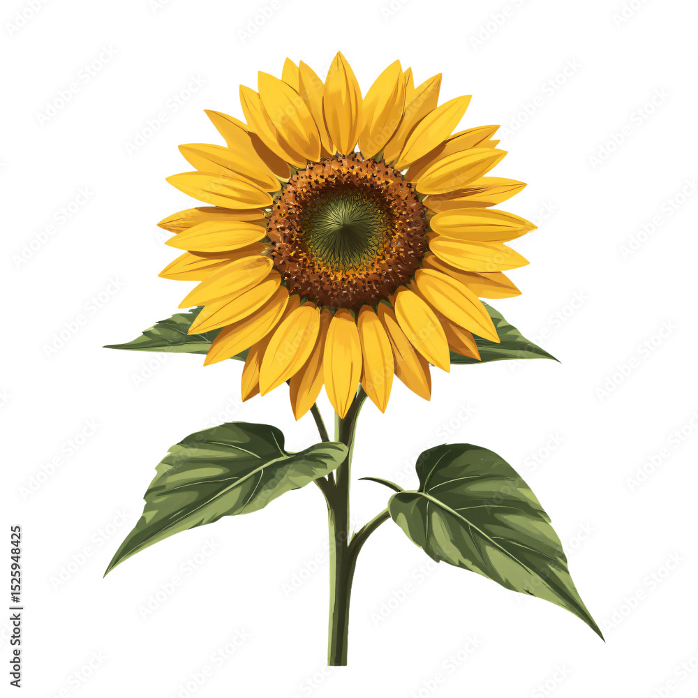 Obraz premium A vibrant sunflower with detailed petals and leaves, isolated on a white background, highly detailed, stock illustration.