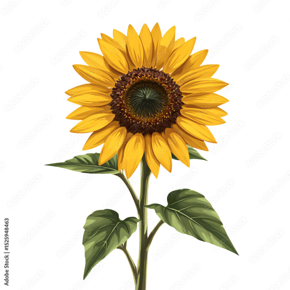 Naklejka premium A vibrant sunflower with detailed petals and leaves, isolated on a white background, highly detailed, stock illustration.