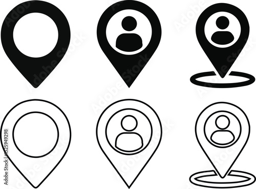 Location and User Pin Icons Set - Navigation and Profile and Outline Vector.