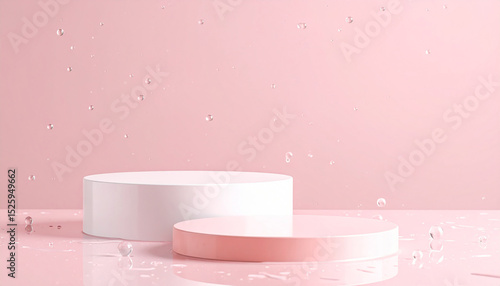 Bright exhibition stage with water on a pink background. Concept of space for product promotional sales presentation.