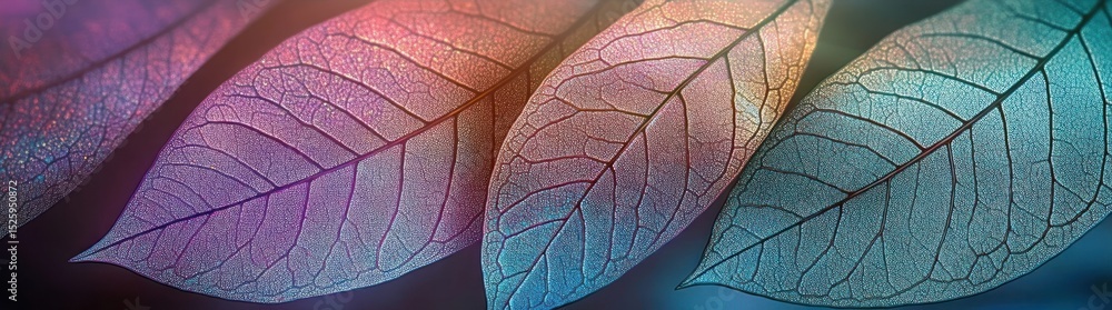 Obraz premium Close-up view of translucent leaves with intricate vein patterns in soft gradient colors of purple, pink, orange, and blue creating a delicate and calming atmosphere