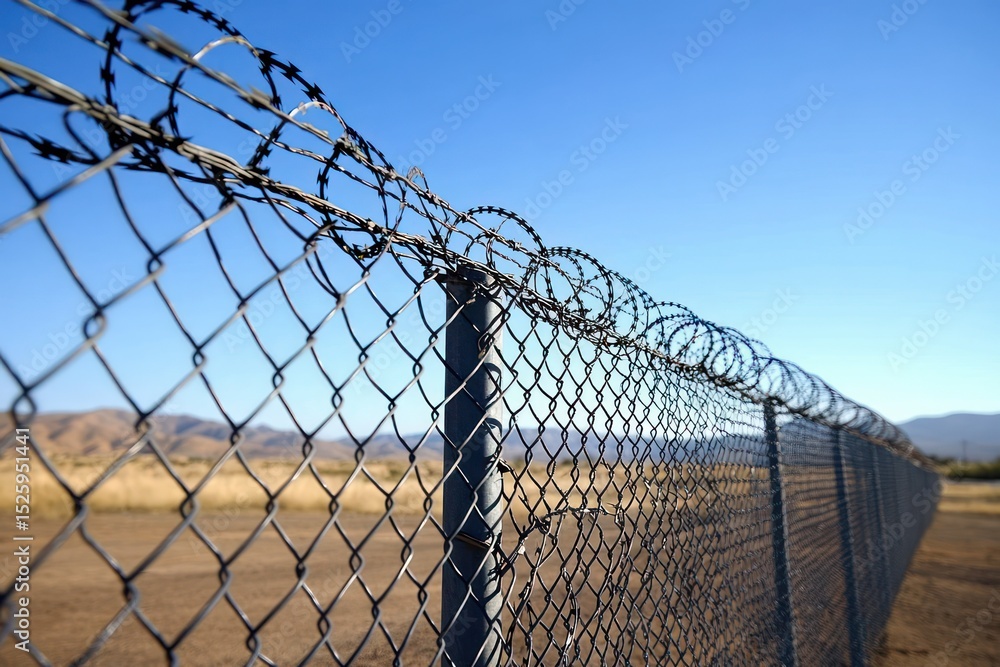 long chain link fence topped with spiraled barbed wire under clear blue sky with dry hills in the background long chain link fence topped with spiraled barbed wire under clear blue sky with dry hills in the background