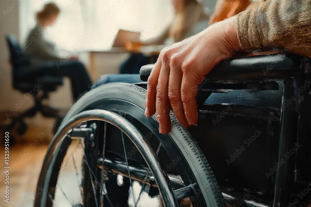 Obraz premium Close-up of a person's hand resting on the wheel of a wheelchair in an office environment with blurred people working on laptops in the background