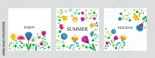 colour vector summer holiday or happy easter cards with vibrant flat folk style flowers, set of floral backgrounds with place for your text