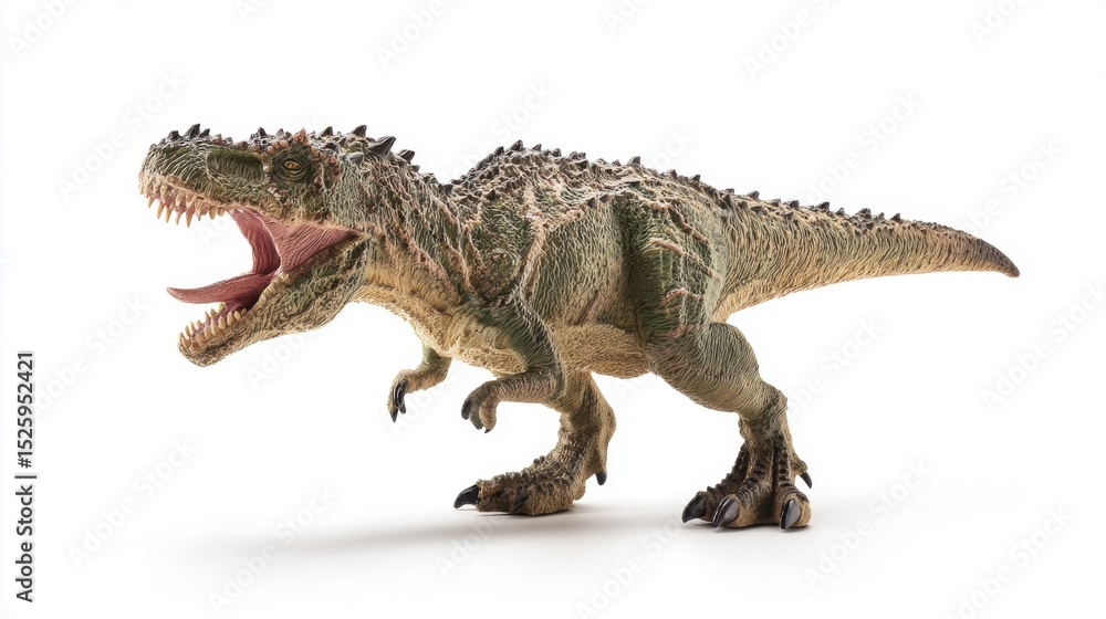 Naklejka premium Detailed toy model of a fierce green and beige dinosaur with textured scaly skin, wide-open mouth revealing sharp white teeth and pink interior, yellow eyes with dark pupils, dark spikes along back an