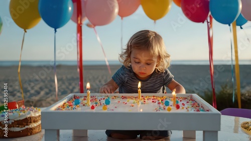 A young child celebrating a birthday with cake and balloons on a beach setting with ocean view behind