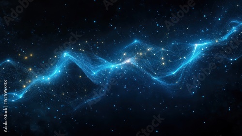 Glowing blue wave of interconnected light points and lines floating in dark space with scattered glowing stars evoking a sense of futuristic technology and cosmic energy