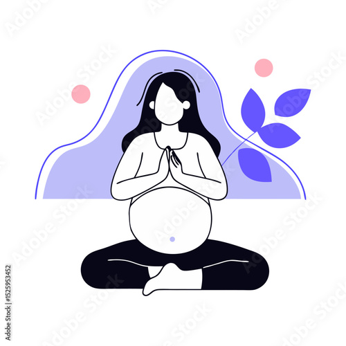 Pregnant woman in yoga pose meditating with hands in prayer position and abstract background design
