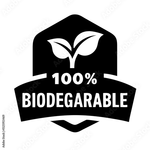 Black and white biodegradable logo with leaves and text on a white background design element