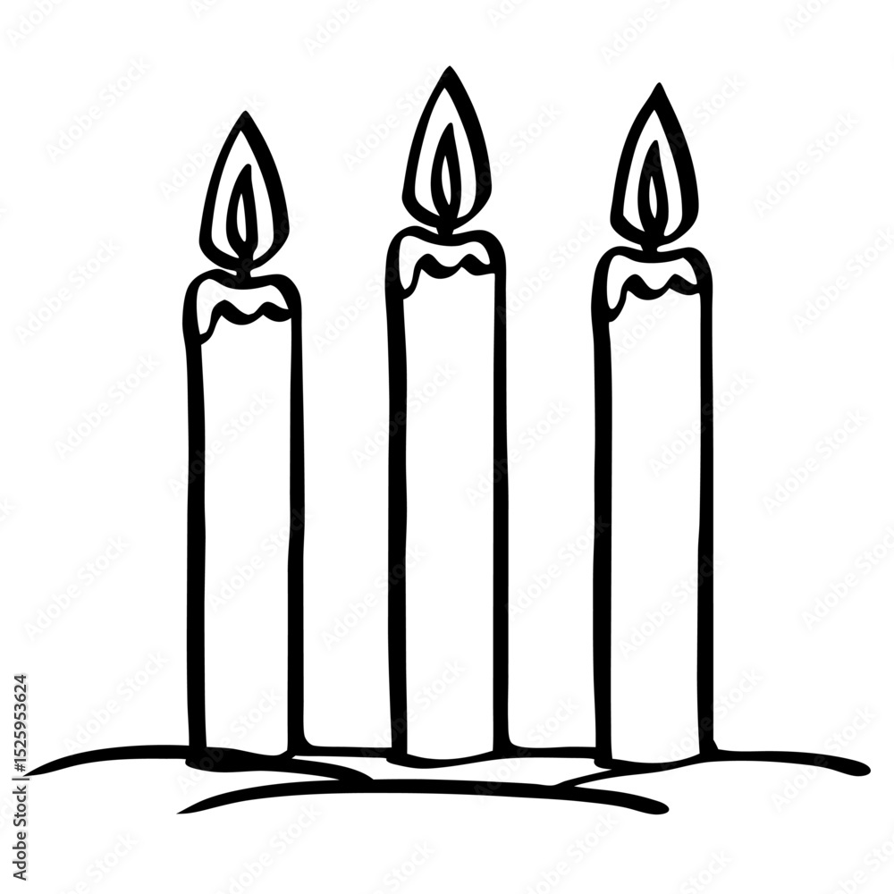 A simple line drawing featuring three lit candles standing side by side with visible flames above them all A simple line drawing featuring three lit candles standing side by side with visible flames above them all