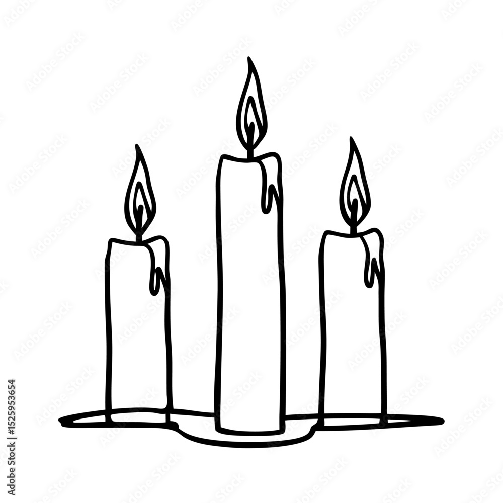 Three candles burning with dripping wax in a simple black and white line drawing illustration style art Three candles burning with dripping wax in a simple black and white line drawing illustration style art