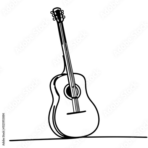 Acoustic guitar standing upright with strings and headstock in a black and white line drawing style