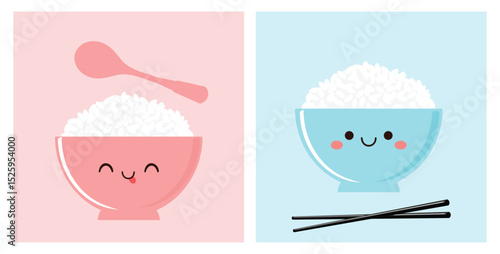 Rice bowl cartoons with cute face, spoon and chopsticks on pink and blue backgrounds vector. Cute cartoon food. 