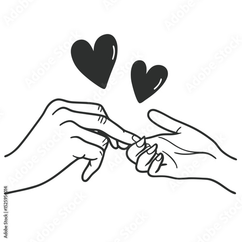 Two hands reaching with index fingers touching and two black hearts floating above them in black and white
