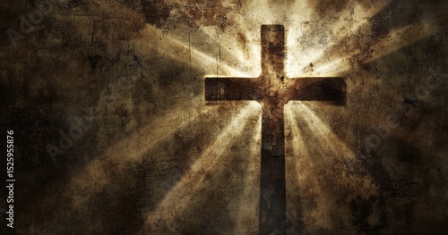 A grainy, aged, and worn-out photo of an illuminated cross with light rays shining through it. The frame is slightly faded. The background color should be dark brown.