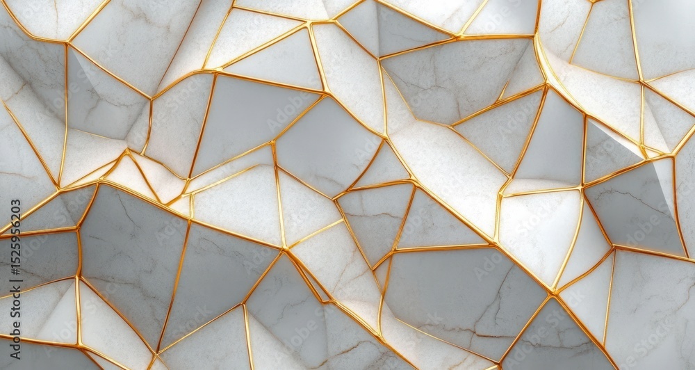 Fototapeta premium abstract geometric pattern of cracked white marble tiles with golden edges creating a luxurious mosaic effect