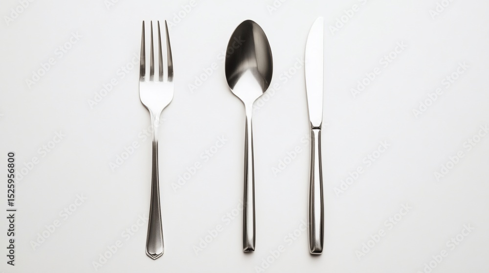 Elegant silverware trio: Knife, spoon and fork isolated on a white backdrop Elegant silverware trio: Knife, spoon and fork isolated on a white backdrop
