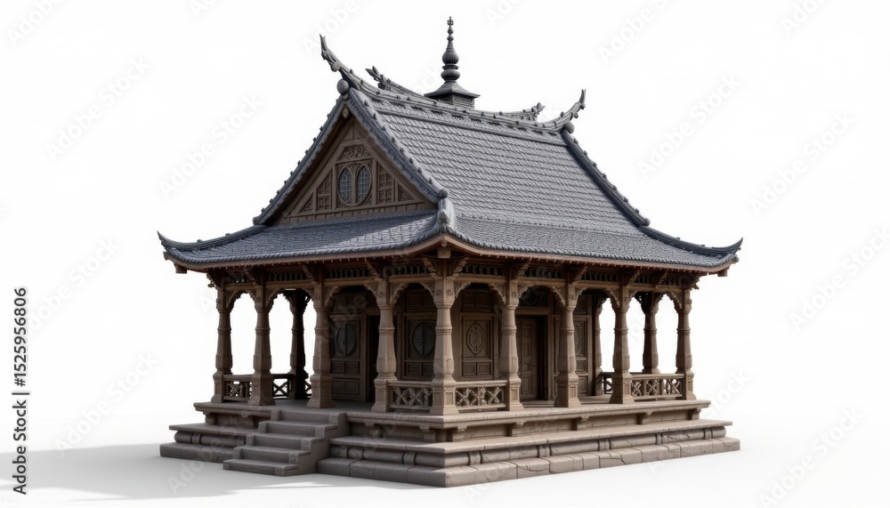 Traditional Asian temple building with ornate wooden architecture and decorative roof design on a white background for cultural heritage and historic architecture concepts Traditional Asian temple building with ornate wooden architecture and decorative roof design on a white background for cultural heritage and historic architecture concepts