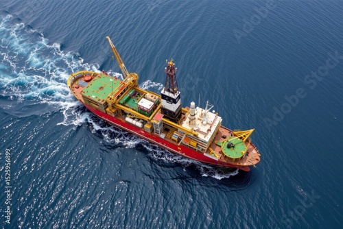 Aerial View of a Drill Ship Navigating Through Deep Blue Ocean Water with Waves and Ship Wake Patterns
