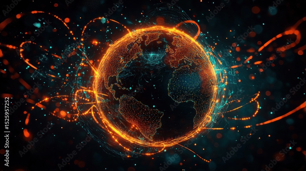 Obraz premium Digital globe with glowing orange and blue data connections orbiting and intertwining, representing global communication and network activity with a futuristic and dynamic atmosphere