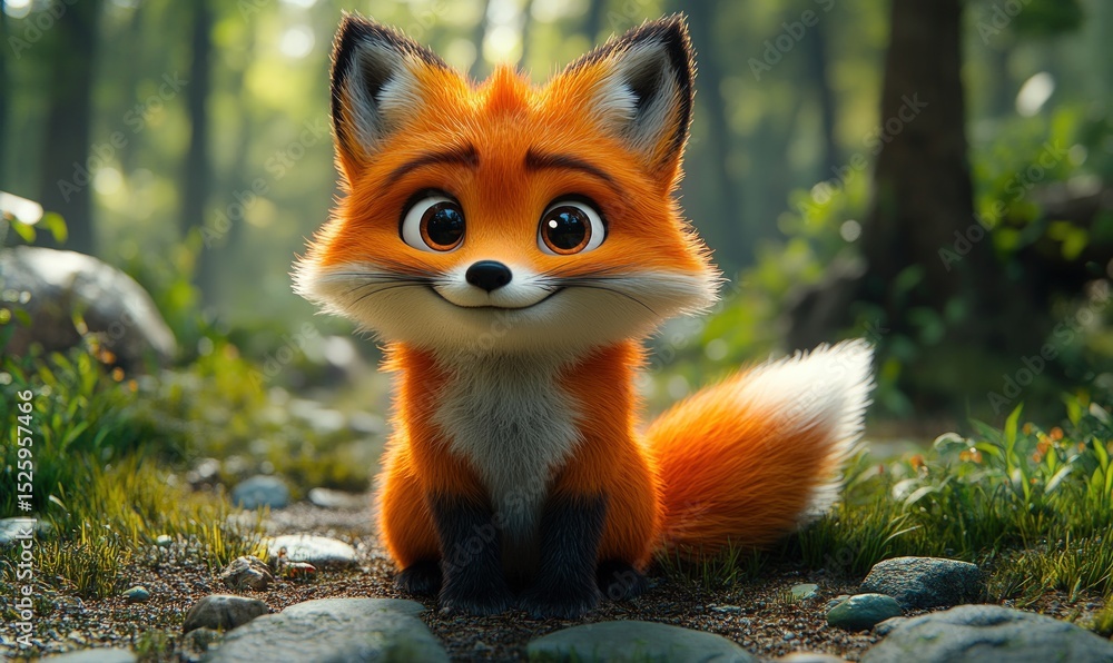 Obraz premium Cute cartoon fox in a forest setting (2)