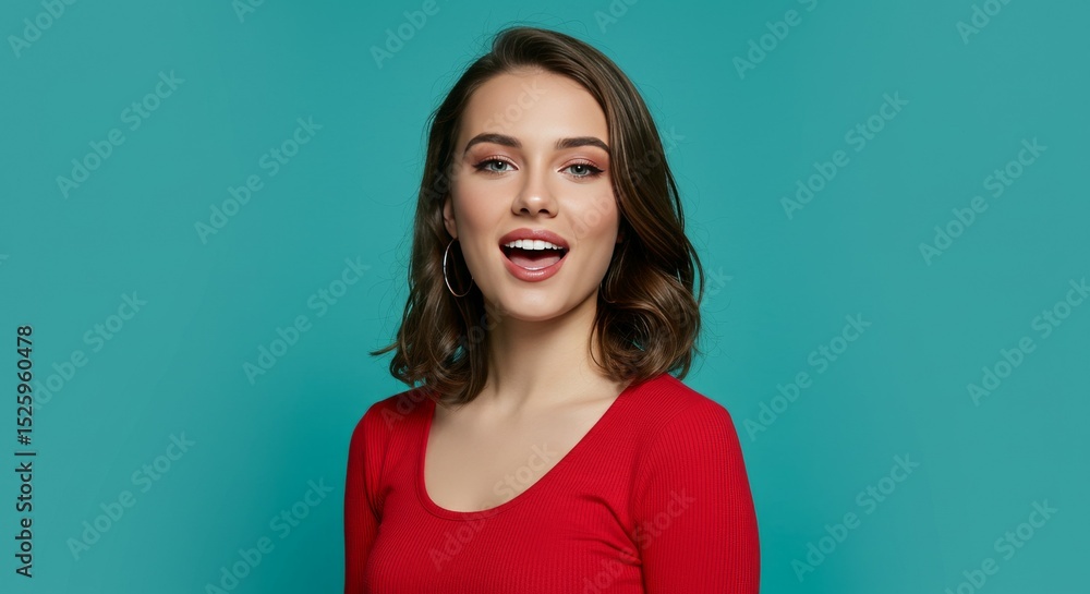 Obraz premium studio portrait of a beautiful young woman with short brown hair and makeup, wearing a red top. She is smiling with her mouth wide open, showing excitement or surprise, against a vibrant teal