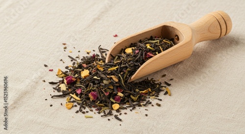 A close-up of loose leaf tea blend with rose buds and other herbs spilling from a wooden cup onto a textured cloth, with a wooden scoop holding more tea. Illuminated by soft natural light, evoking war