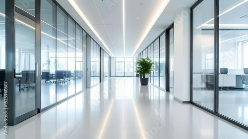 Wallpaper Mural Modern office corridor with glass walls, tiled floor, potted plants, and bright lighting creates a professional work environment Torontodigital.ca