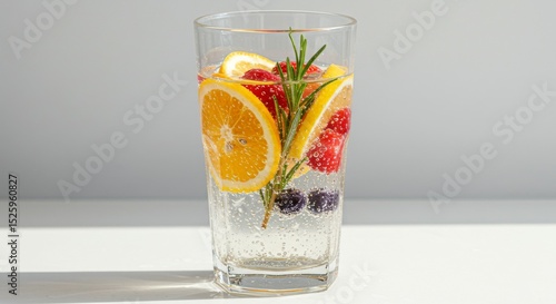 A vibrant glass of sparkling water bursts with fresh fruit slices - lemon, lime, and strawberries. Effervescent bubbles rise, creating a refreshing, healthy, and colorful drink perfect for summer, det