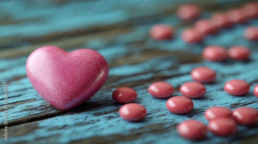 Fototapeta premium Pink heart and pills on a blue wooden surface