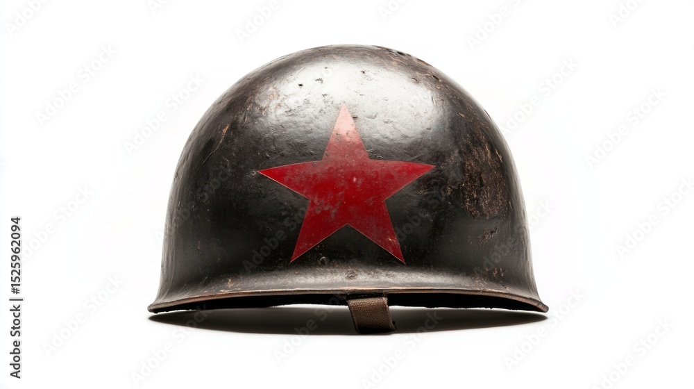 Fototapeta premium Vintage military helmet featuring a prominent red star design. This iconic piece symbolizes history and valor in wartime. Perfect for collectors and enthusiasts. Generative AI