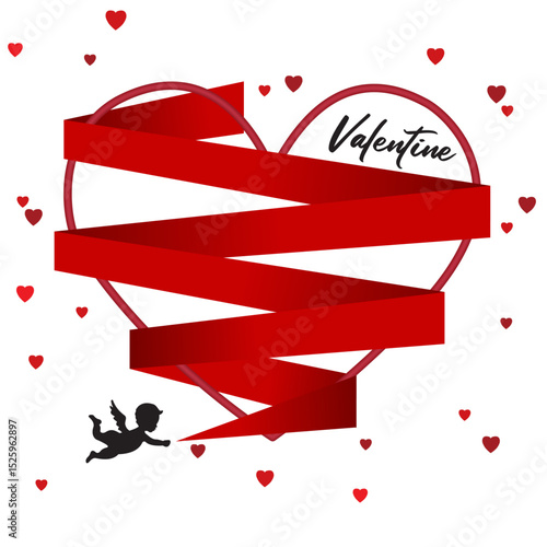 Cupids with red heart ribbons and happy valentines day Of love on white background, vector art and illustration