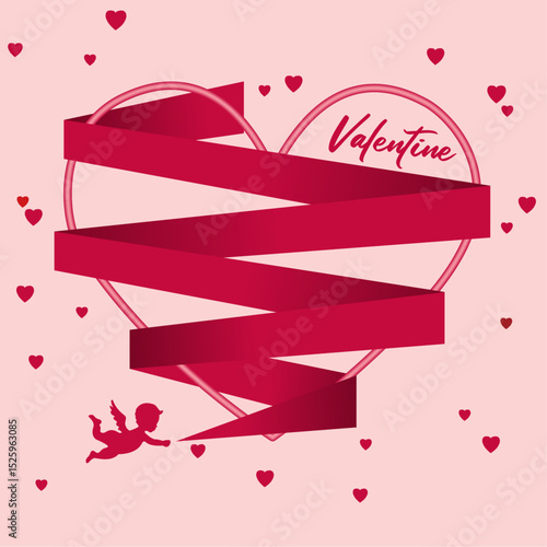Cupids with red heart ribbons and happy valentines day Of love on white background, vector art and illustration
