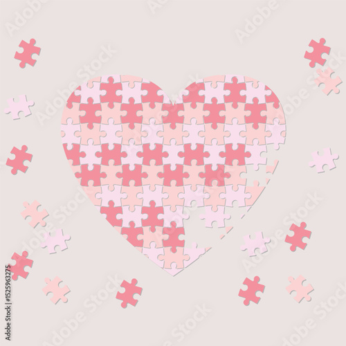 Illustration of a red puzzle heart made of small pieces on a white background