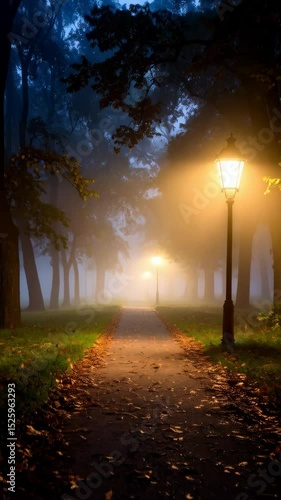 Misty twilight view of a tree lined pathway illuminated by warm glowing lamps in a tranquil park, inviting atmosphere with a dreamy romantic feel.