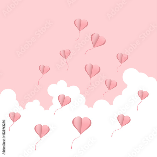 Hearts flying on the Valentine clouds with postcards Paper flying elements on the pink background Vector symbols of love in the form of hearts Valentine's day card design