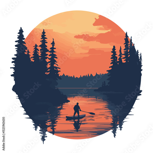 2D flat Sunset Paddleboarding Quiet Lake illustration vector, isolated on a white background.