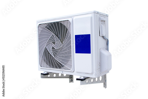 Structure old white big air conditioner compressor source heat pumps isolated on cutout PNG or transparent background. Cooling pump technology home or office roof top of building industrial plant.