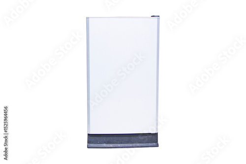 Old, small refrigerator white isolated on cutout PNG or transparent background. Food and food storage at home. Single chamber empty white open mini fridge with freezer above. Home appliances.