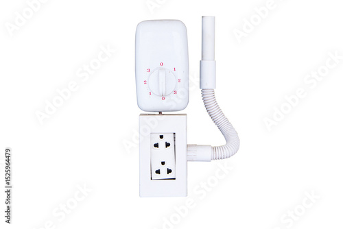 Box white electrical power switch off, on and plug energy with fan control Turn On/Off with plastic pipe for electrical wiring isolated on cutout PNG or transparent background. Electrical technology.