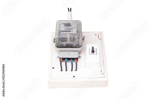 Electric power box meter transformer with small electrical cutout box isolated on cutout PNG or transparent background. Electricity metering system unit cost number unit of cost, bill.