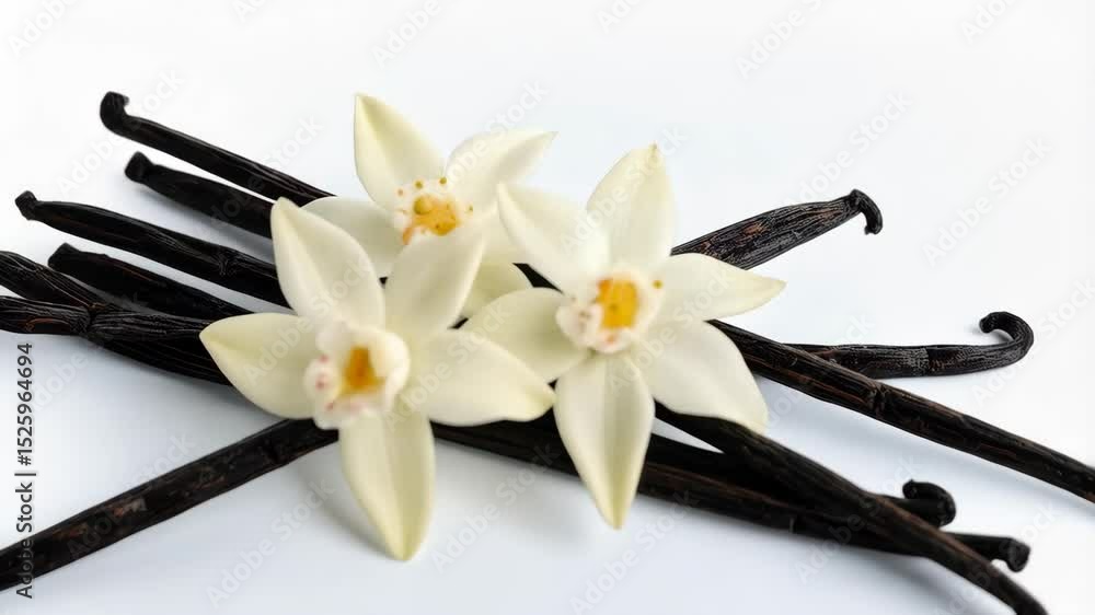 Fresh vanilla pods arranged with two delicate vanilla flowers on a clean white surface, food ingredient preparation, flavoring