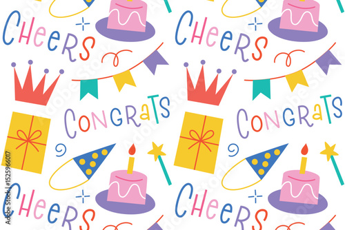 Seamless vector pattern with birthday icons and lettering cheers and congrats. Colorful design for party with flat cartoon gifts and cakes, celebration background, wrapping paper, kids event