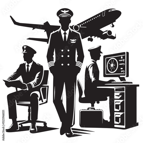 Airline Pilots and Aviation Professionals Silhouettes with Aircraft