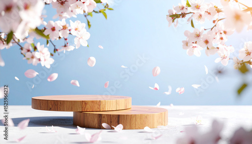 Bright exhibition stage with white petal on a soft blue background. Concept of space for product promotional sales presentation.
