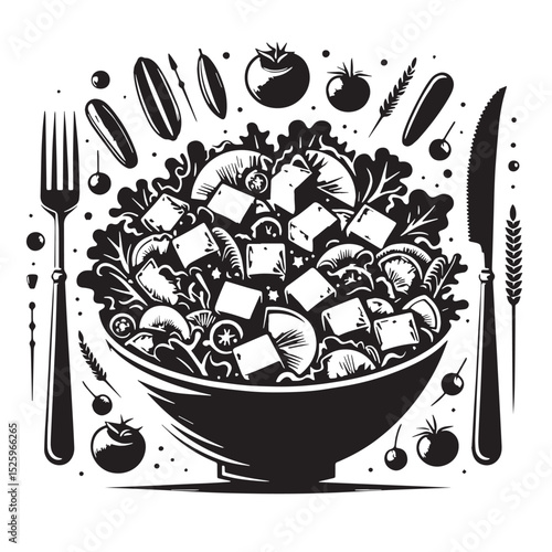 Fresh Salad Bowl with Vegetables and Utensils Illustration