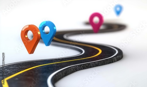 Curved road with colorful location pins marking key points along the winding path symbolizing navigation and journey