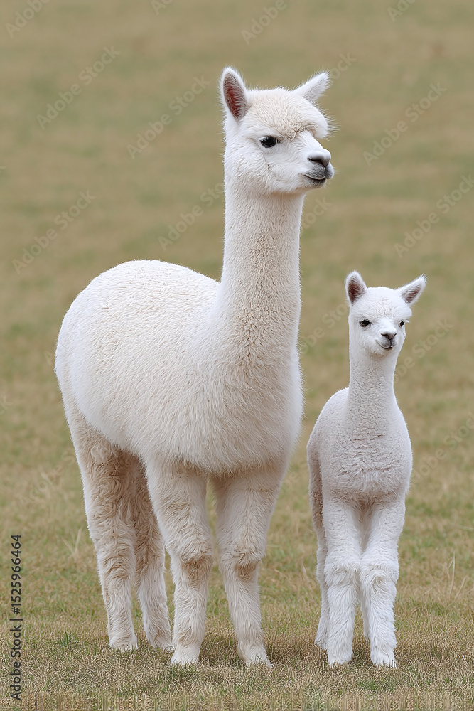 Obraz premium Adorable Alpaca Mother and Baby in a Field