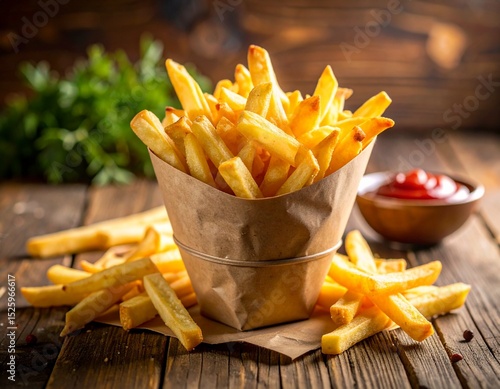 french fries in a cone on a rustic table with ketchup